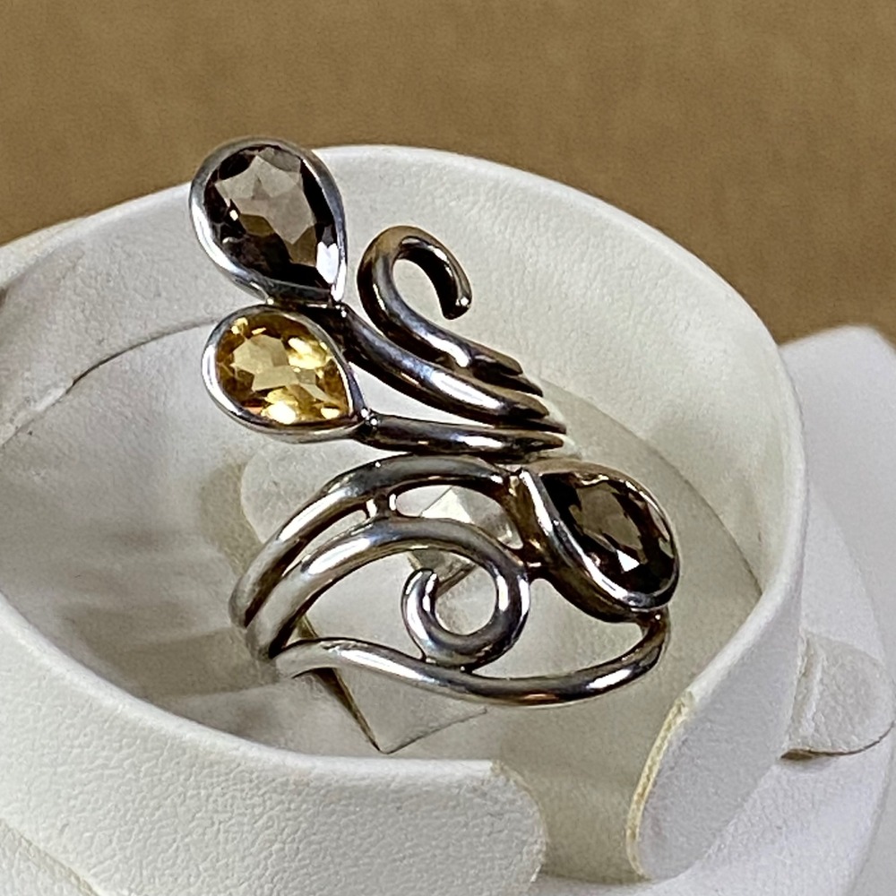 Genuine Smoky Quartz & Citrine Swirl Design Modern Ring 1.83CTW Cocktail Sz 10